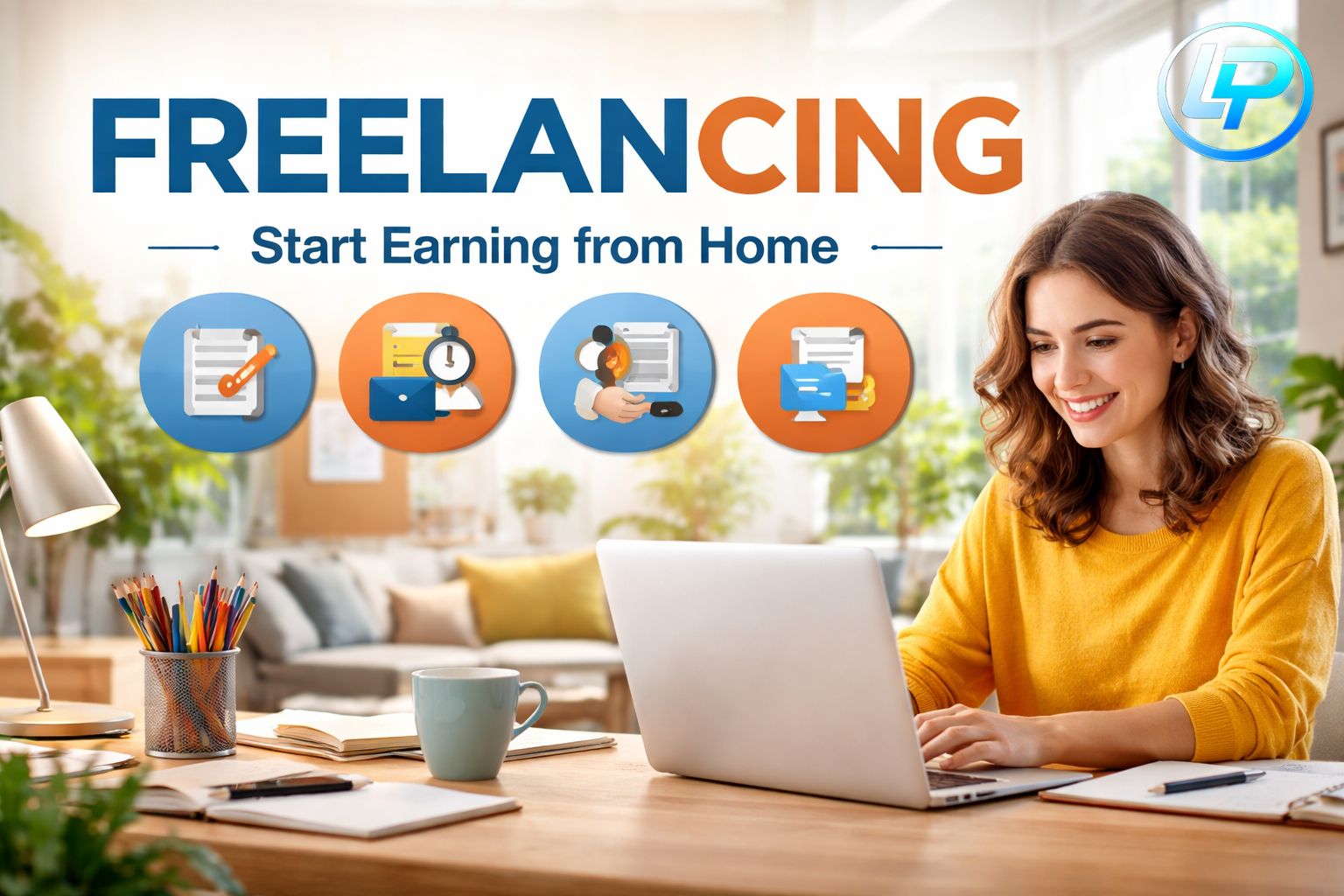 Freelancing work from home jobs setup with woman working on laptop in modern home office