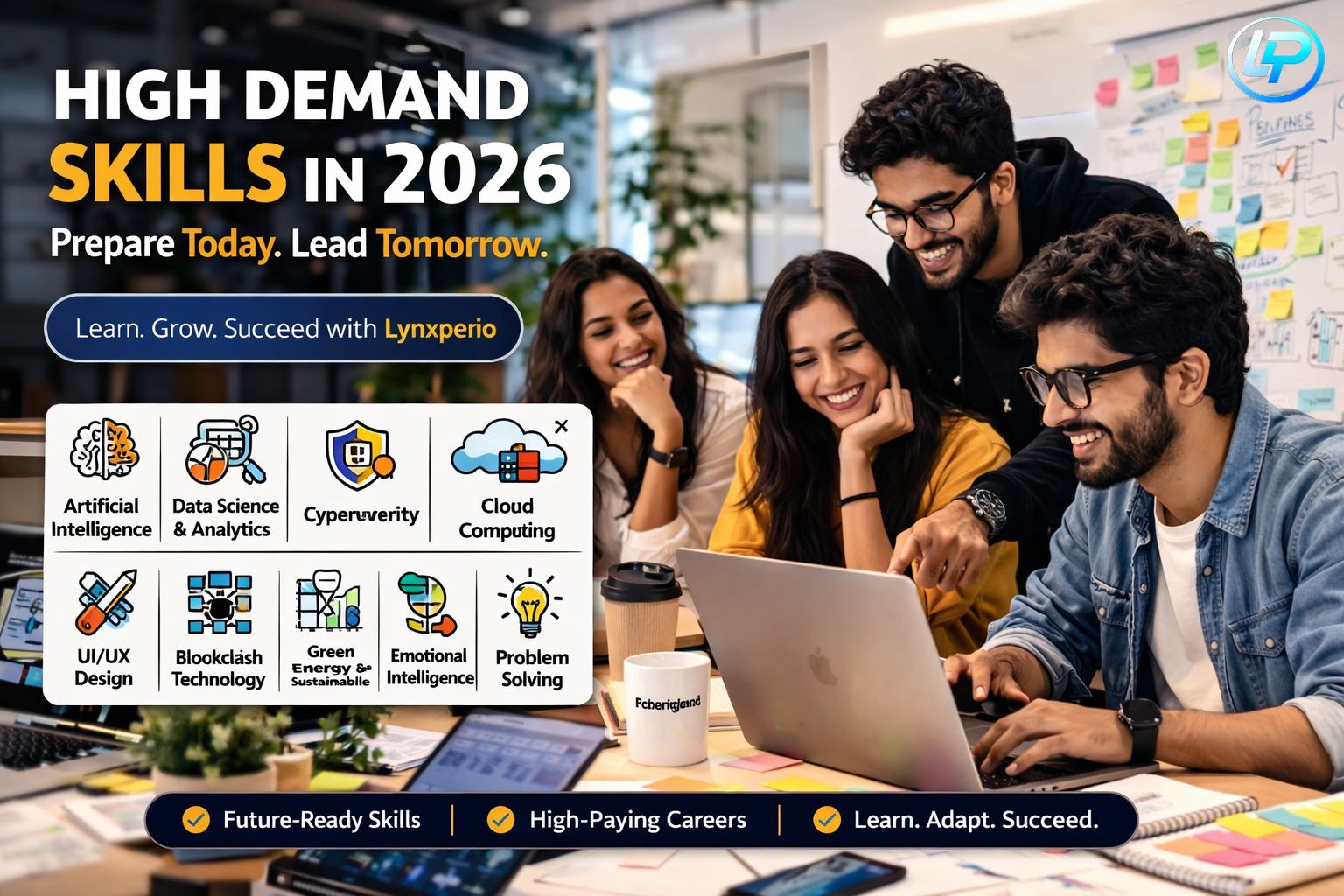 High demand skills in 2026 including AI, data science, cybersecurity and digital marketing by Lynxperio