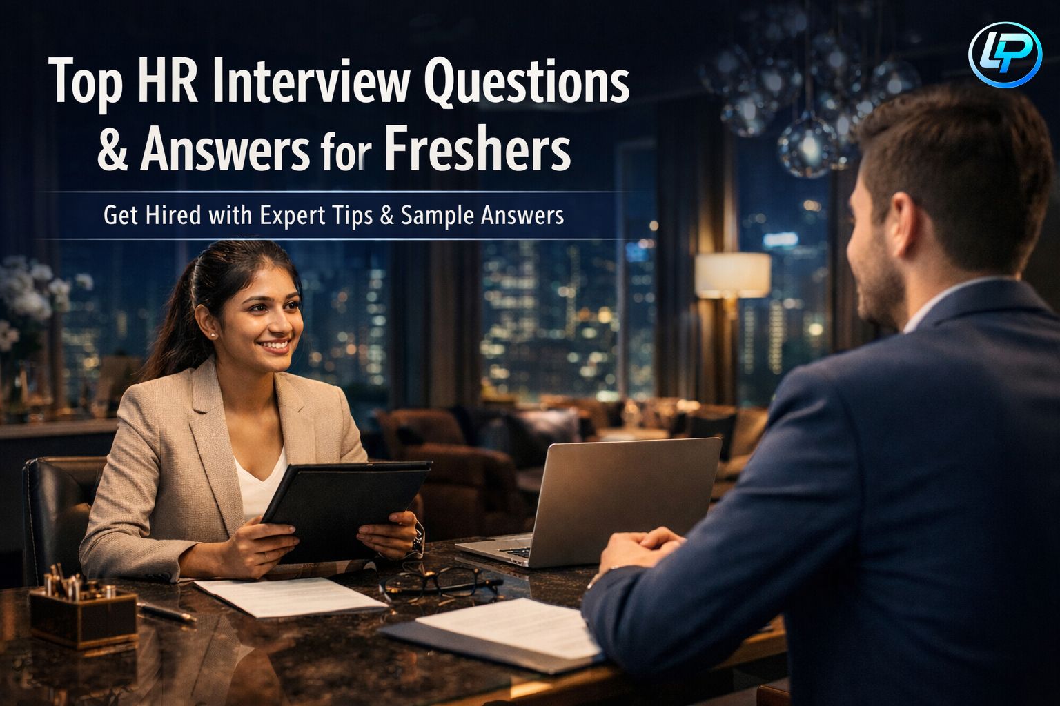 Professional HR interview scene showing interview questions and answers discussion for freshers preparing for a job interview