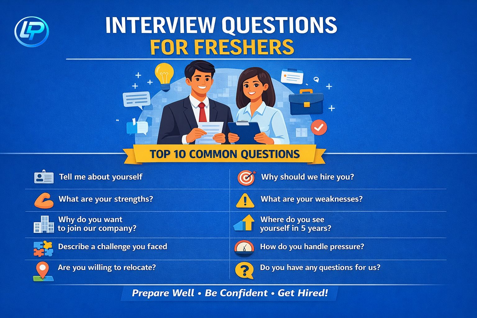 Interview Questions for Freshers desktop infographic showing top 10 common HR interview questions with icons and professional design.