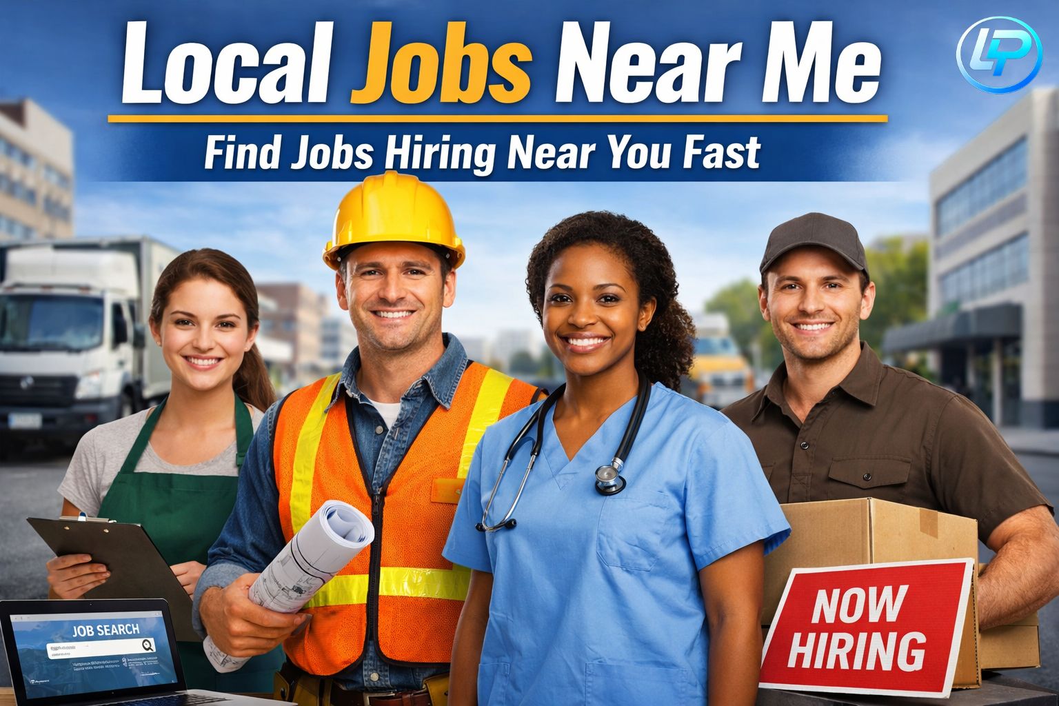 Workers from different professions including nurse, construction worker, cashier, and delivery driver representing local jobs near me