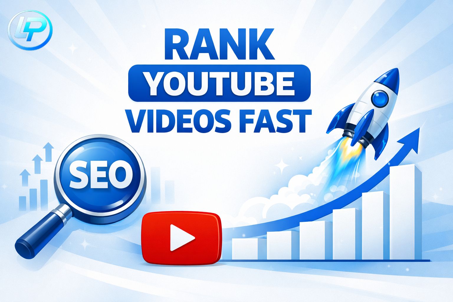 Illustration showing strategies to rank YouTube videos fast with SEO, rocket chart, and YouTube icon”