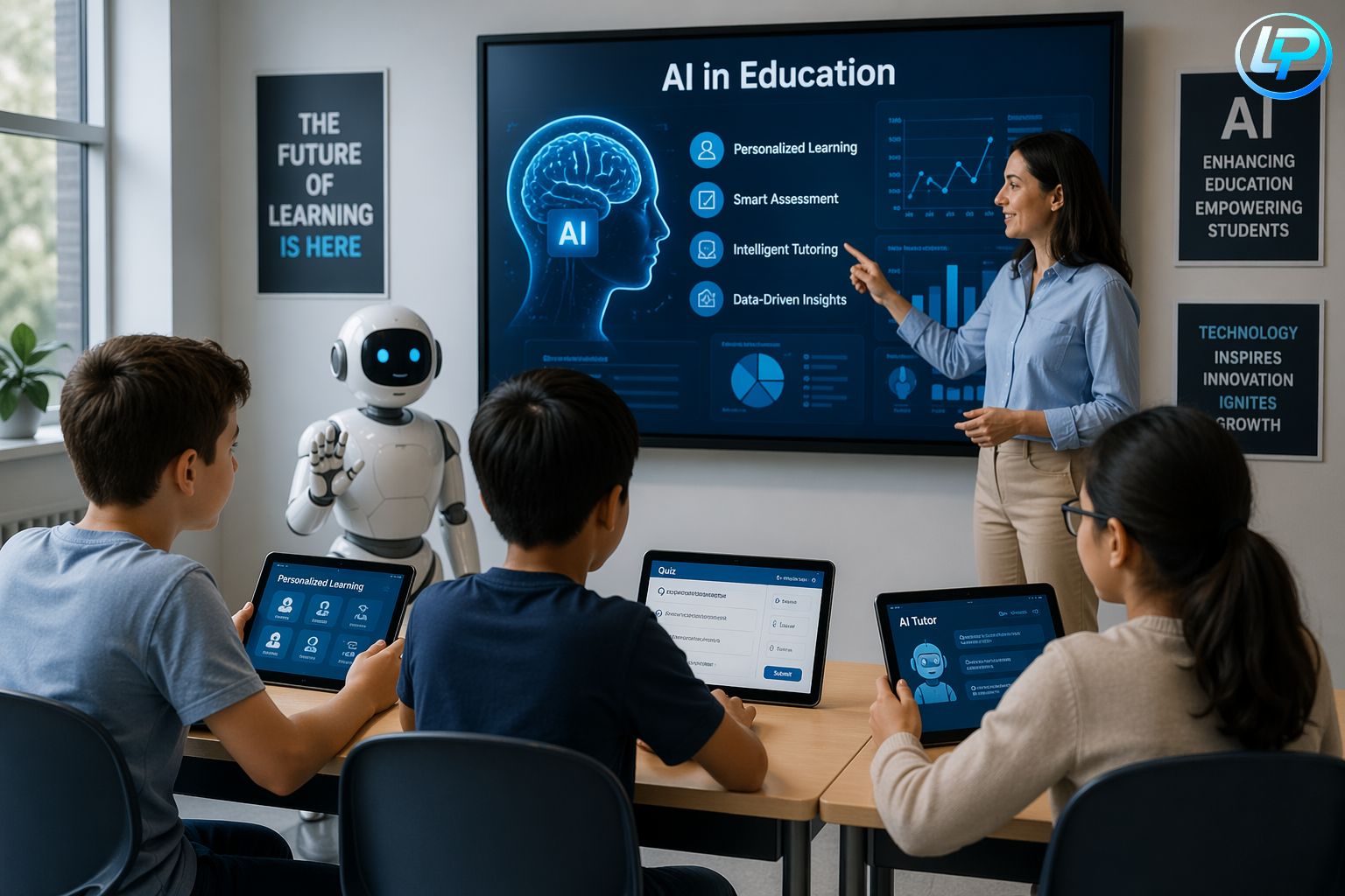 Modern classroom using AI technology with students learning on tablets and a teacher explaining smart education tools