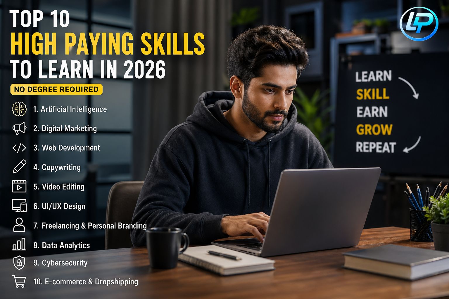 Top 10 high paying skills to learn in 2026 without a degree, including AI, digital marketing, and web development
