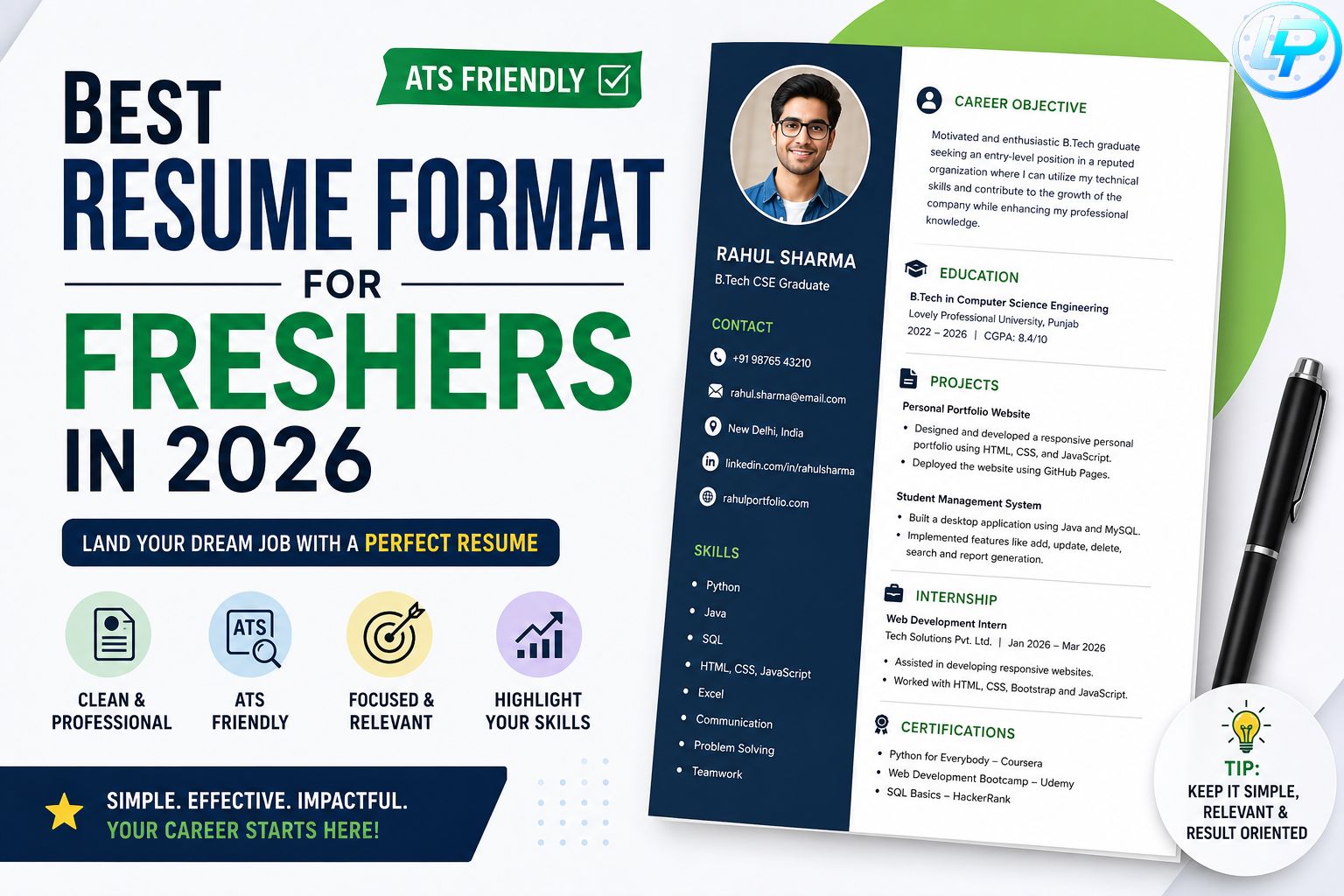 Best Resume Format for Freshers in 2026 infographic with ATS-friendly resume template and career tips