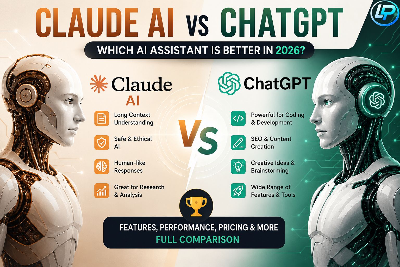 Claude AI vs ChatGPT comparison banner showing features, performance, SEO, coding, and AI assistant capabilities in 2026.