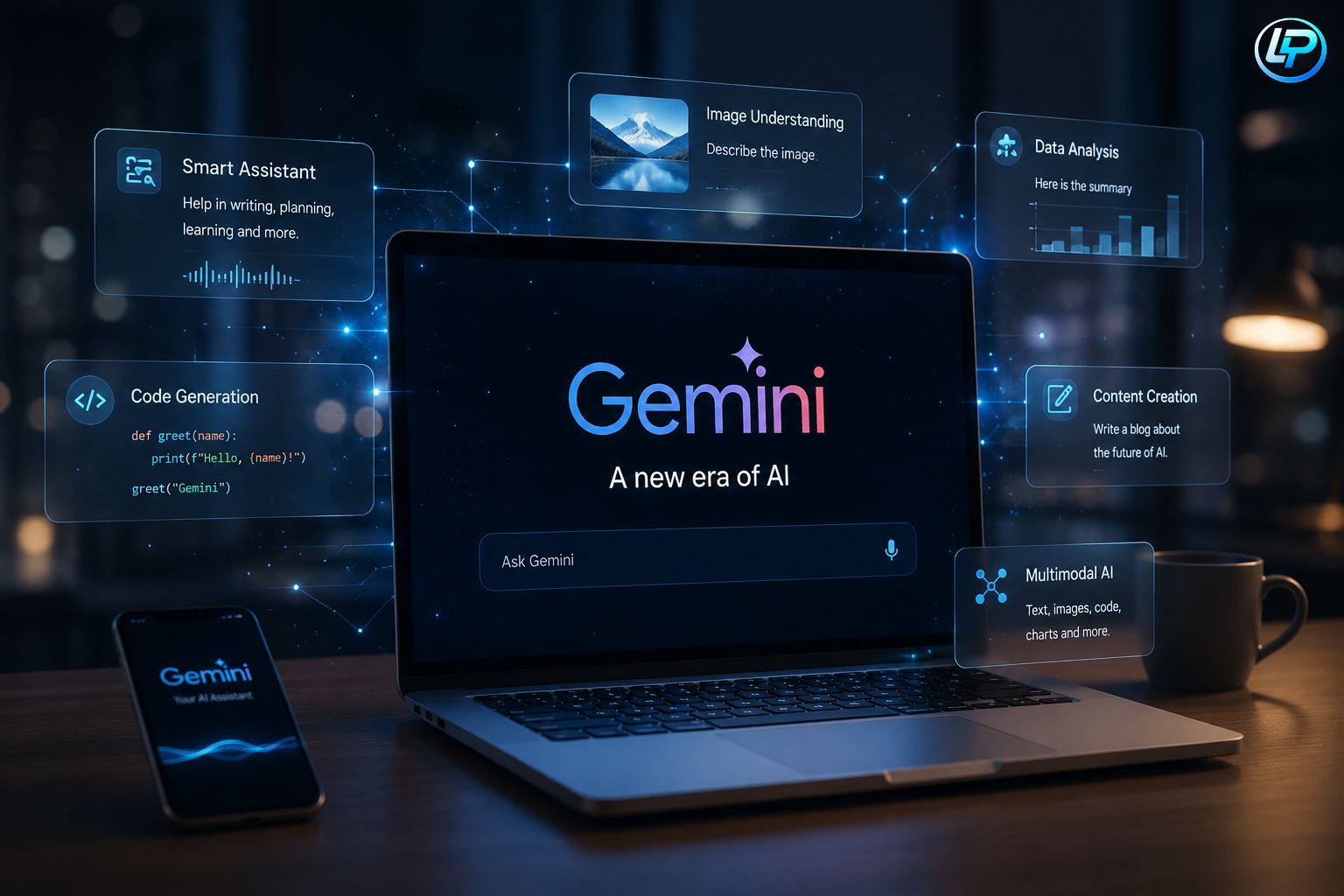 Realistic illustration of Google Gemini AI powering smart productivity, content creation, coding, and business automation.