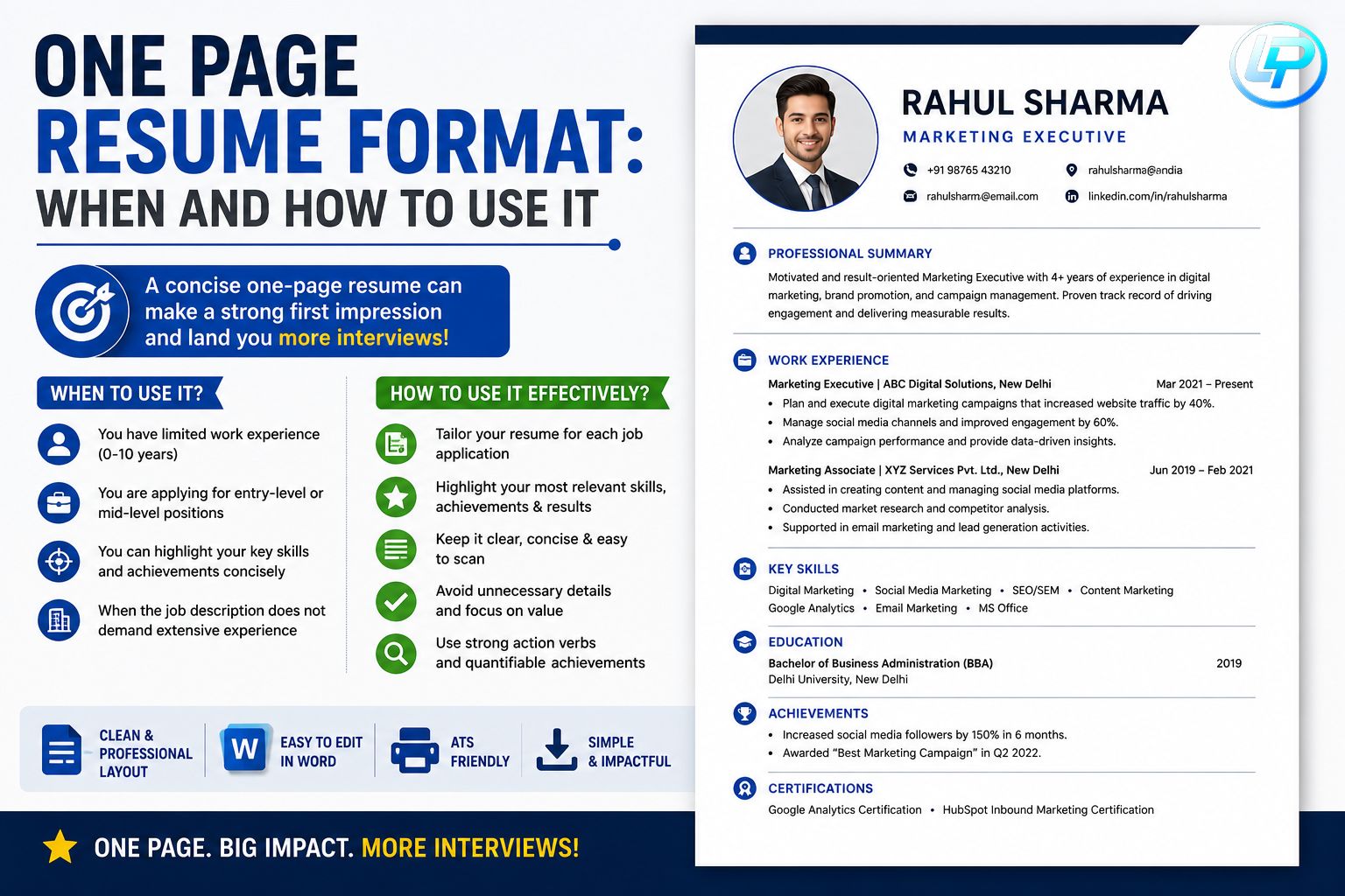 Professional one page resume format guide with modern resume template and tips on when and how to use a single-page CV.