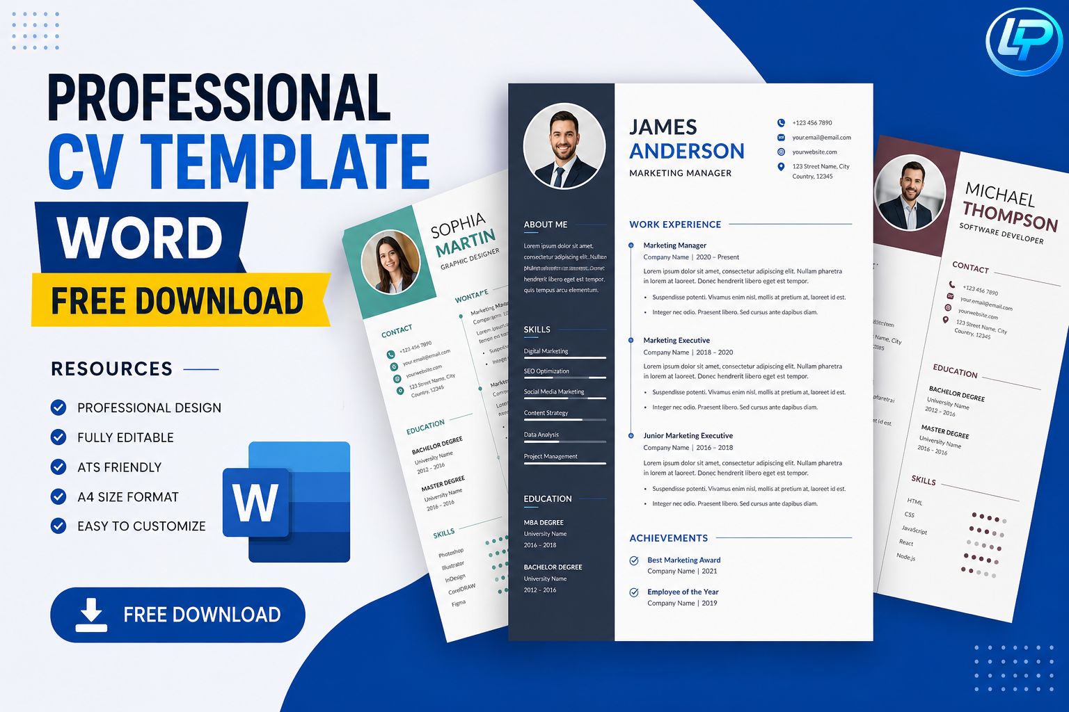 Professional CV template Word free download banner with modern editable resume designs and ATS-friendly format examples.