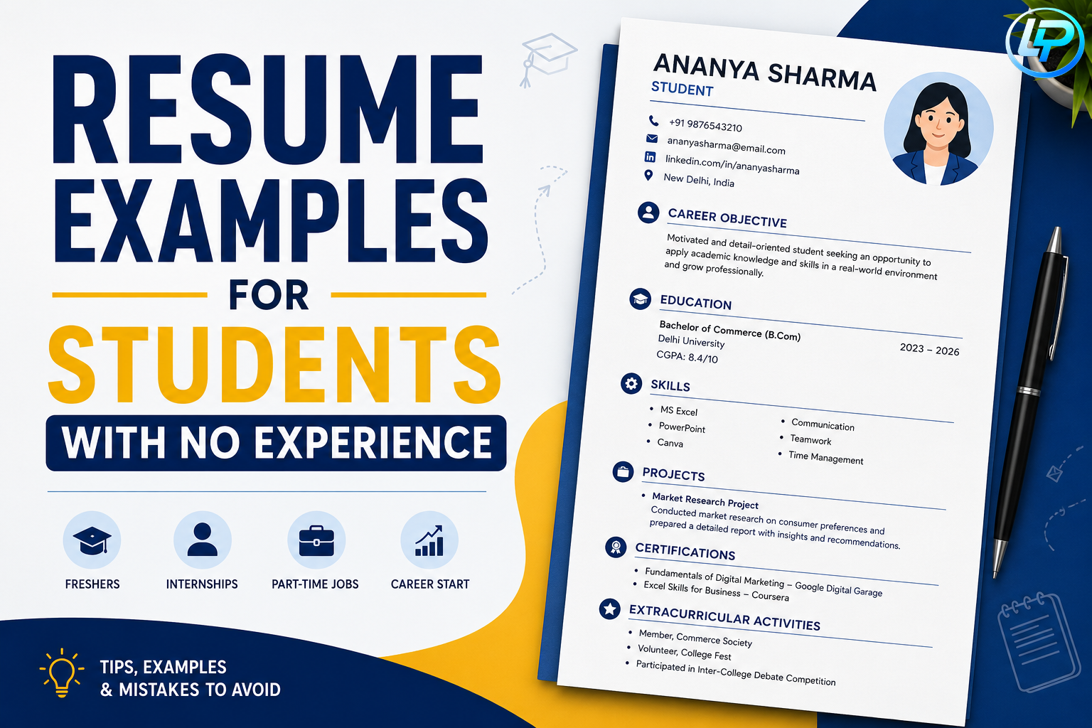 Professional resume examples for students with no experience showing a modern student resume template and career guide design