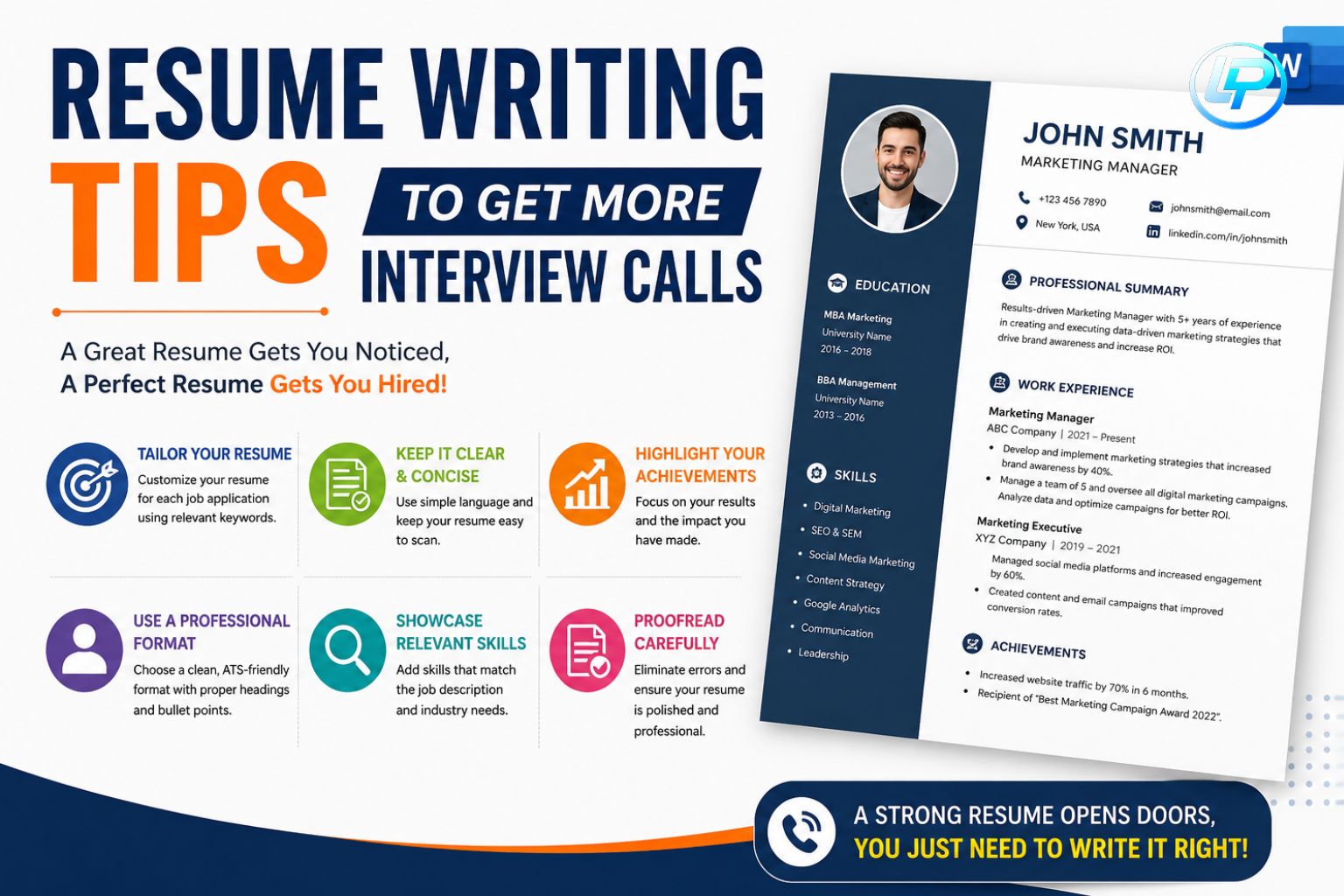 Modern infographic about resume writing tips to get more interview calls with professional resume design and career advice icons.