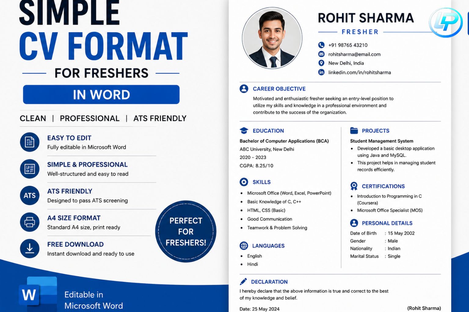 Simple CV format for freshers in Word with clean ATS-friendly resume template and professional layout design.